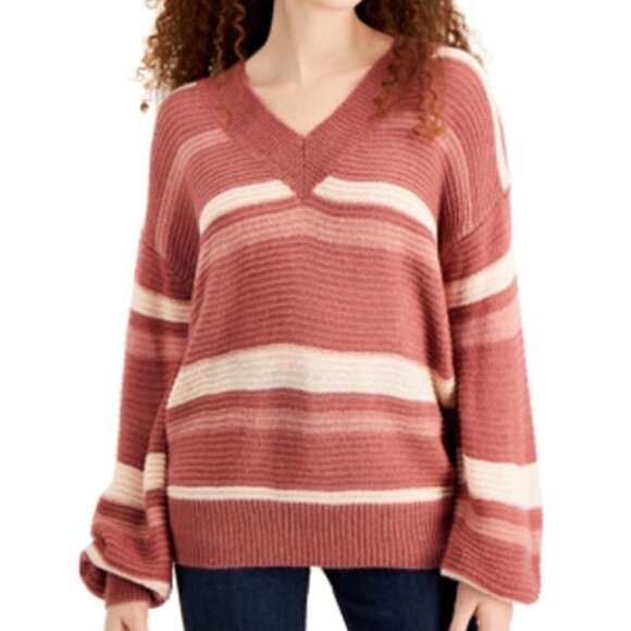 JR367 Derek Heart Juniors' Striped V-Neck Balloon Sleeve Sweater Size L - Picture 1 of 1